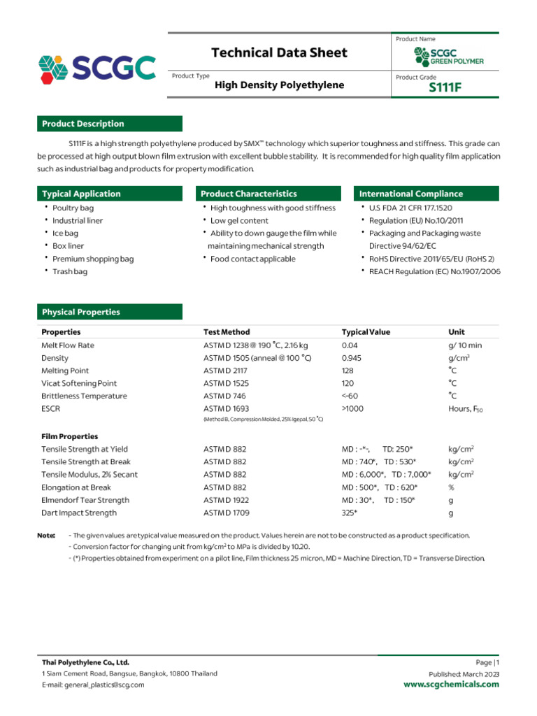 SCGC S111F Green Polymer Technical Data Sheet Mar 2023 | PDF