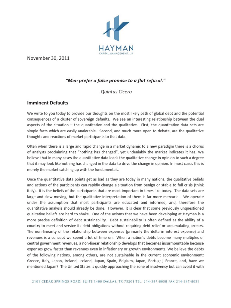 Hayman Capital Management Letter To Investors (Nov 2011) PDF Euro