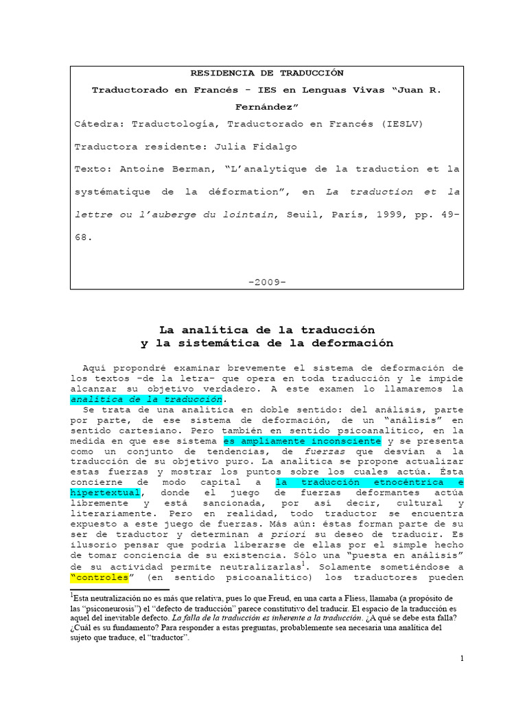Berman - Analítica de La Traducción. Fidalgo | PDF | Traducciones ...