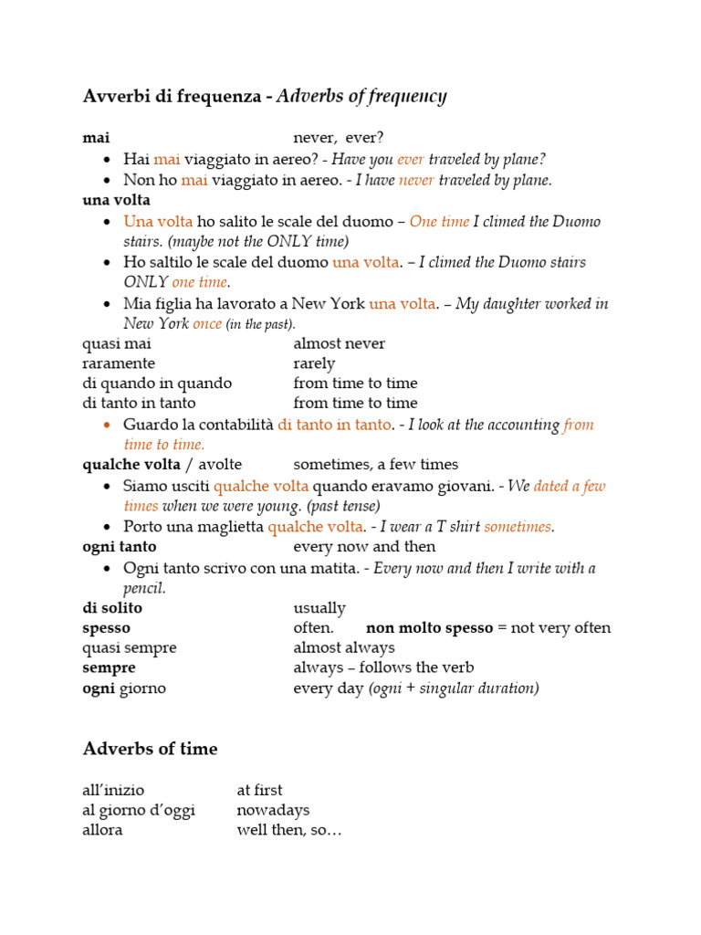 ITALIAN Adverbs of Time, Frequency, Opposites | PDF