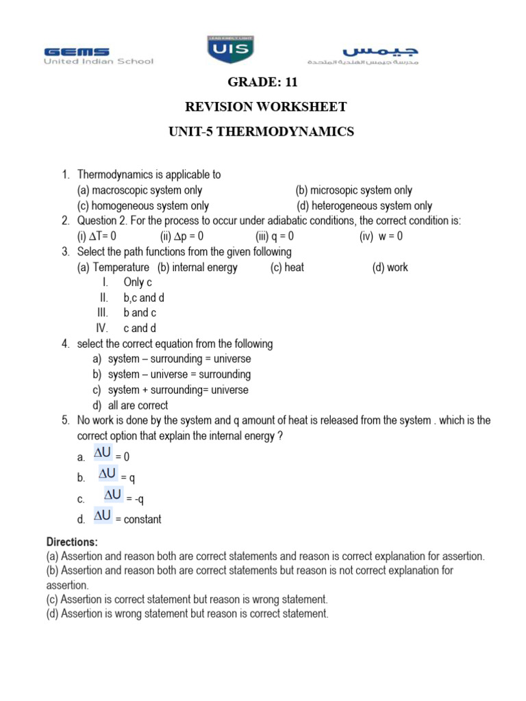 Unit 5 Thermodynamics Hy Worksheet 1 Pdf