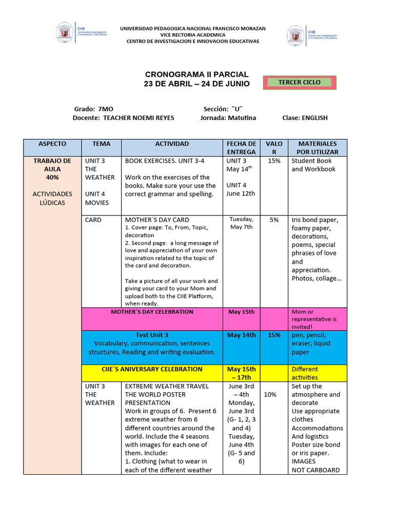 7th Grade English Class Schedule | PDF
