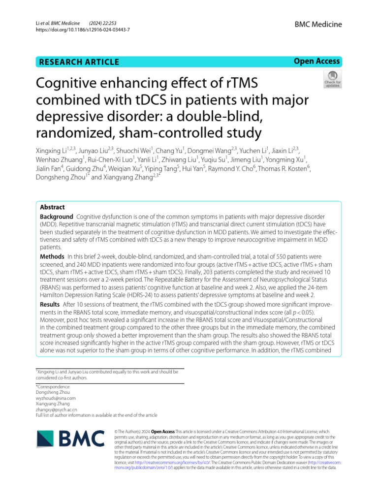 Cognitive Enhancing Effect of RTMS Combined With TDCS in Patients With ...