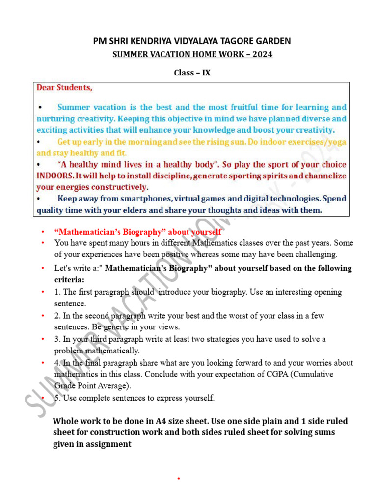 Class - 9 Summer Vacation Home Work | PDF | Arithmetic | Numbers