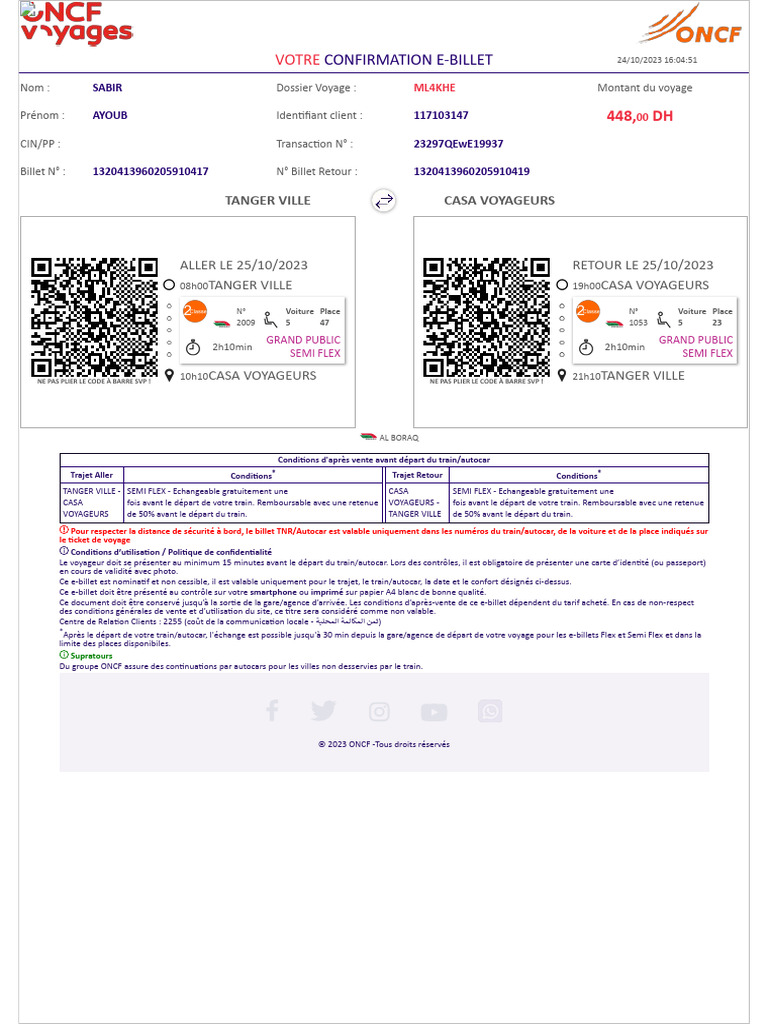 Conditions d'Achat E-Billet ONCF | PDF | Transport