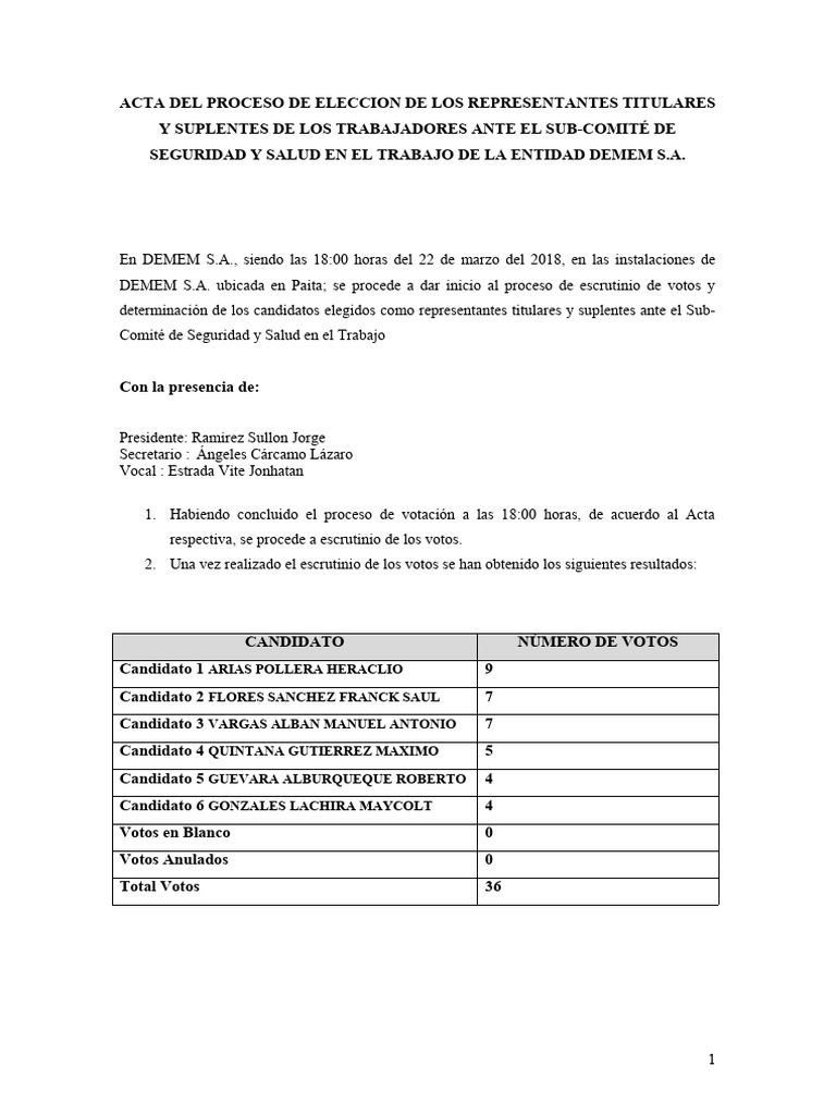 Modelo de Acta Del Proceso de Eleccion de Los Representantes Titulares ...
