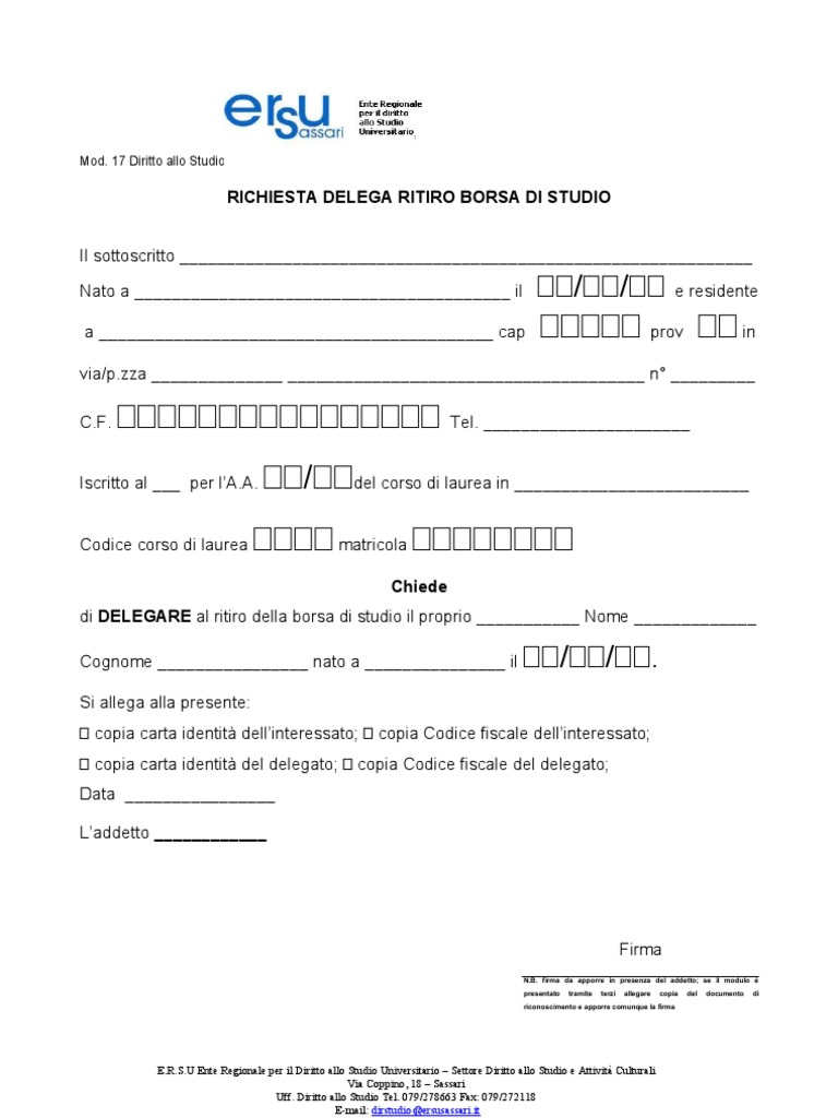 Modulo 17 Richiesta Delega Ritiro Borsa