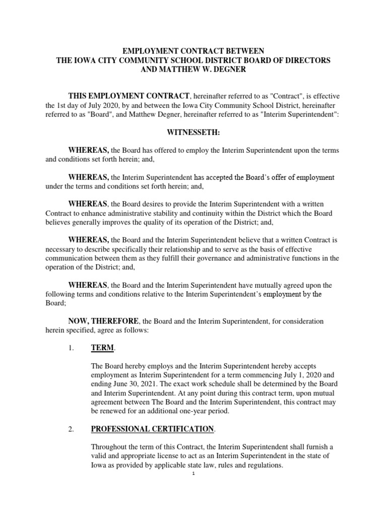 Interim Superintendent Contract 04212020 | PDF | Payroll Tax | Insurance