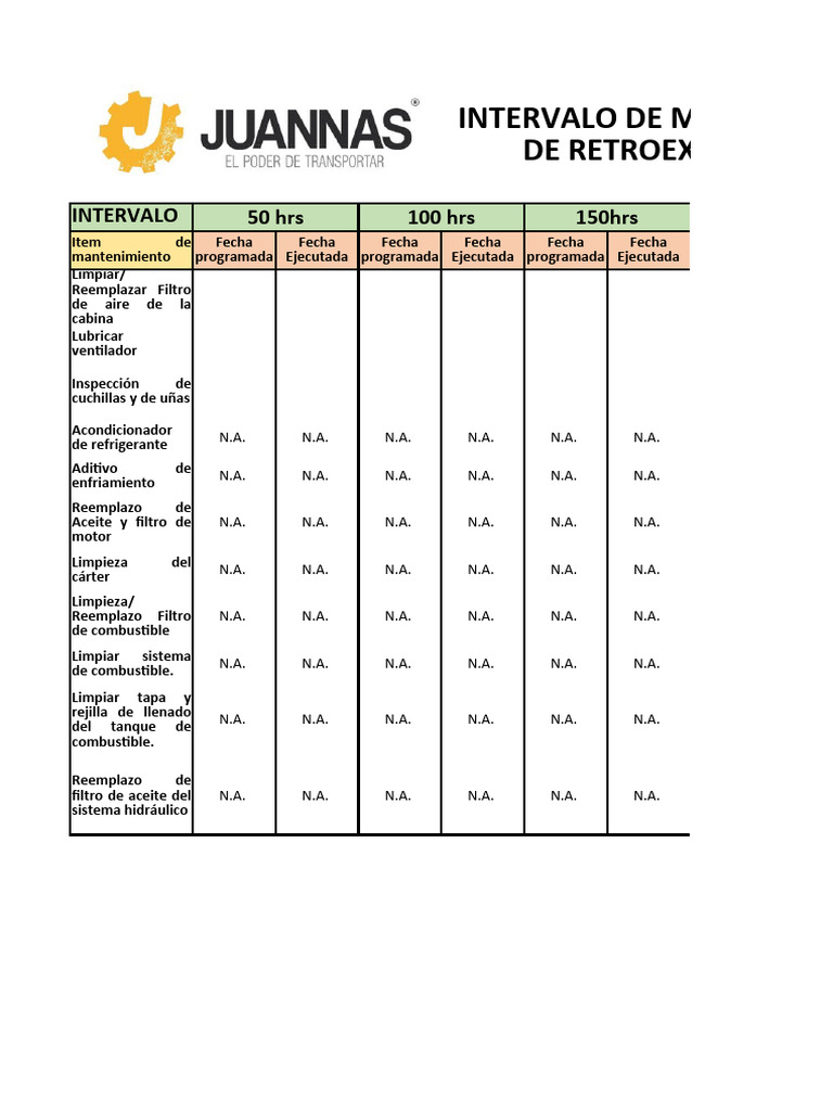 Programa de Mantenimiento para Retroexcavadora Hasta 1000 Hrs | PDF