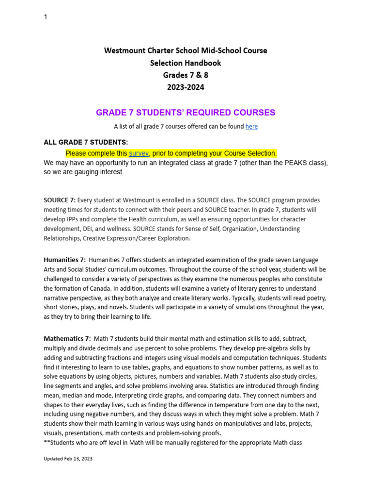 FINAL Grade 7 & 8 Course Handbook 2023-24 | PDF | Mathematics | Science