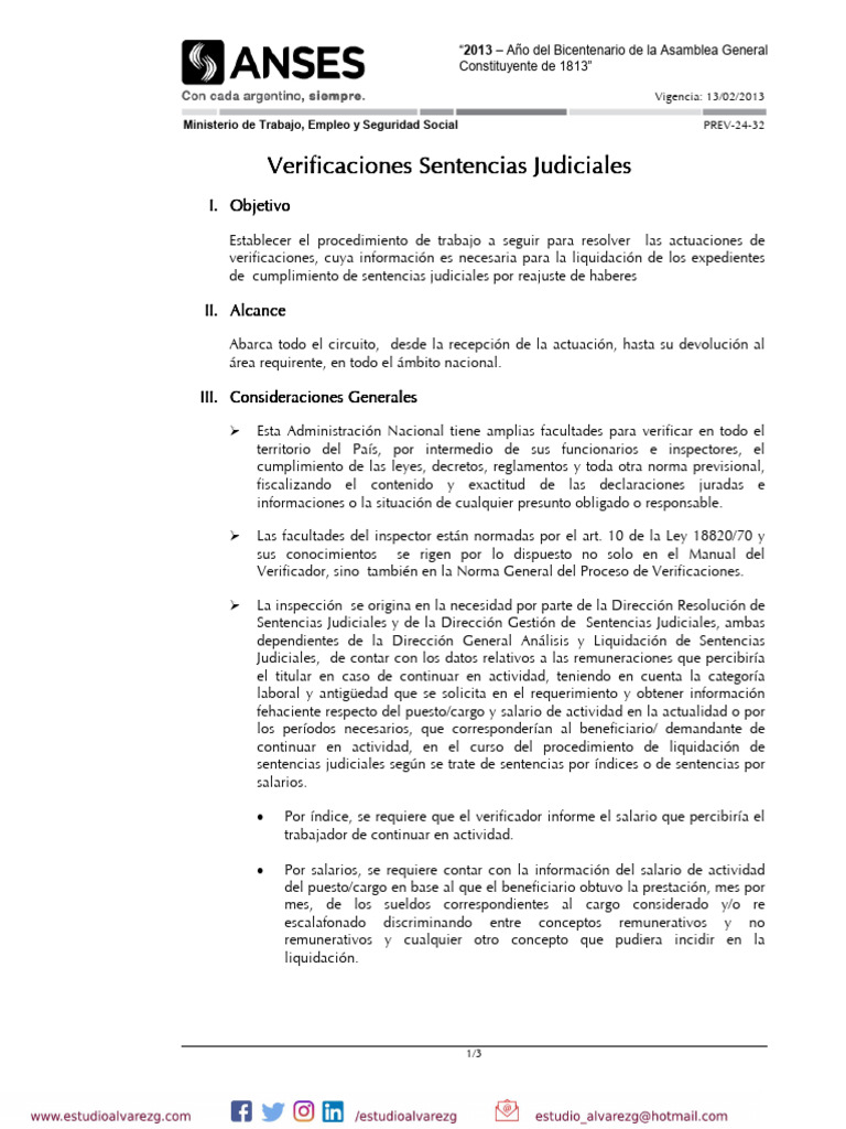 ANSES PREV-24-32-2013 Verificaciones Sentencias Judiciales | PDF | Salario