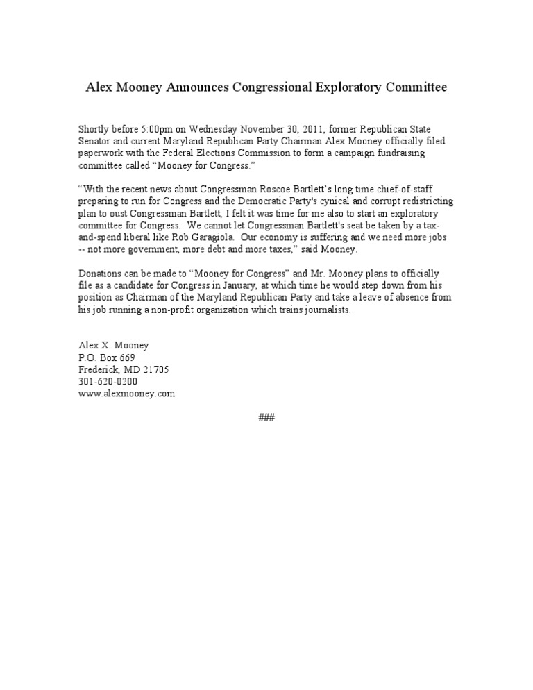 Alex Mooney Forms Congressional Committee | PDF