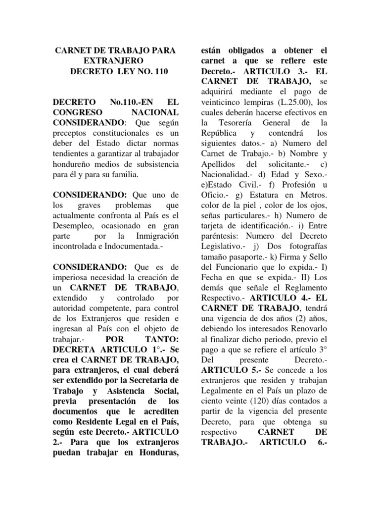Sustento Legal Decreto 110 Reglamento Carnet de Trabajo para Extranjero ...
