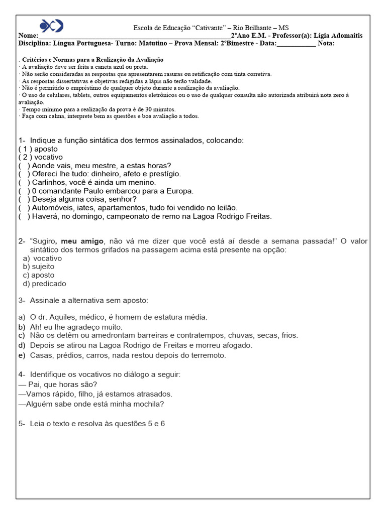 Prova Mensal de Língua Portuguesa - 2º Ano | PDF | Carreira e Crescimento
