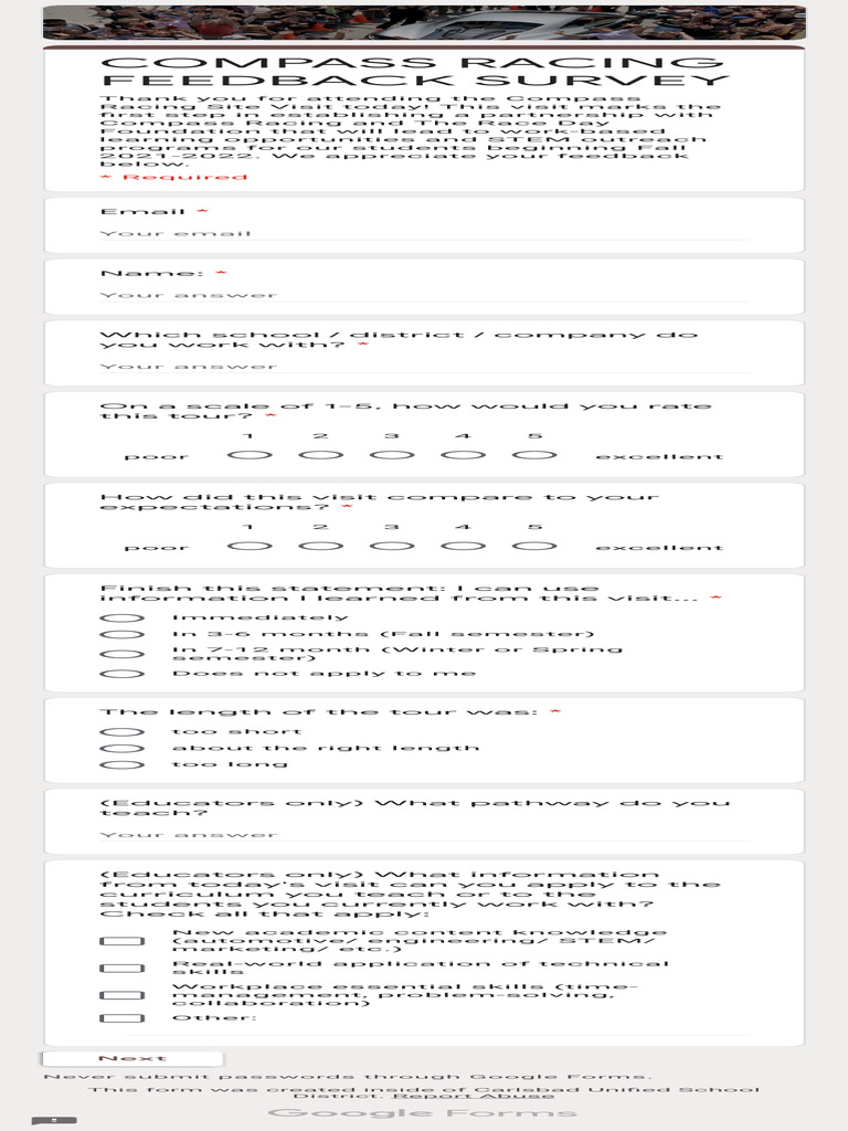 Compass Racing Site Visit Feedback Survey | PDF