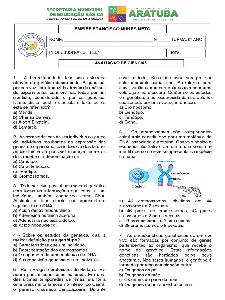 Questões sobre Genética para 9º Ano | PDF | Genética | Genótipo