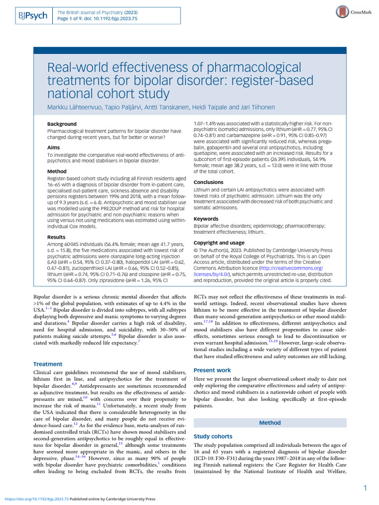 Real World Effectiveness of Pharmacological Treatments For Bipolar ...