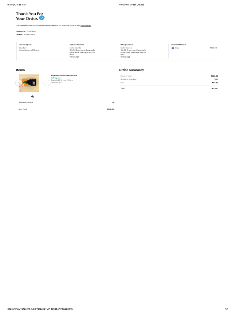 Vistaprint order details pdf