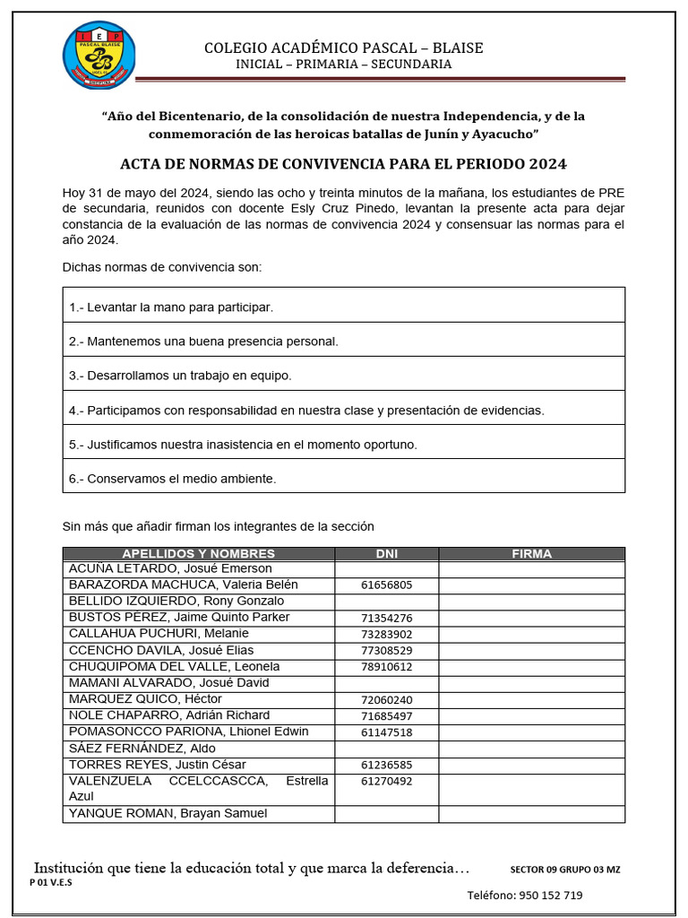Acta de Norma de Conviviencia Escolar | PDF | Estilo de vida