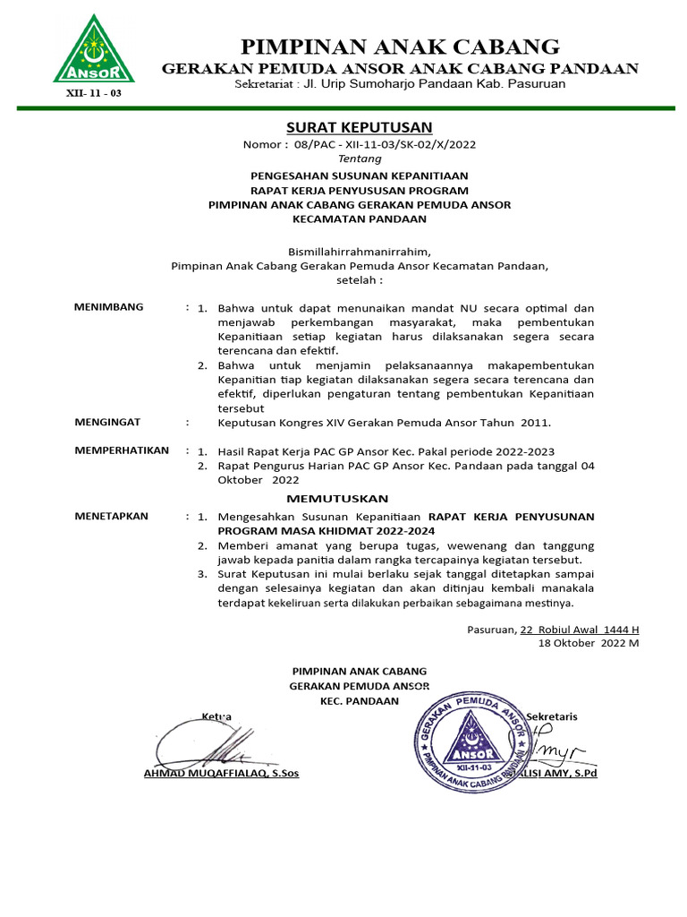 Pengesahan Kepanitiaan Rapat Kerja Ansor | PDF