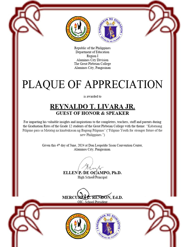 Plaque of Appreciation PDF Philippines