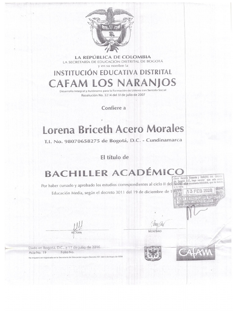 Certificado Bachiller | PDF
