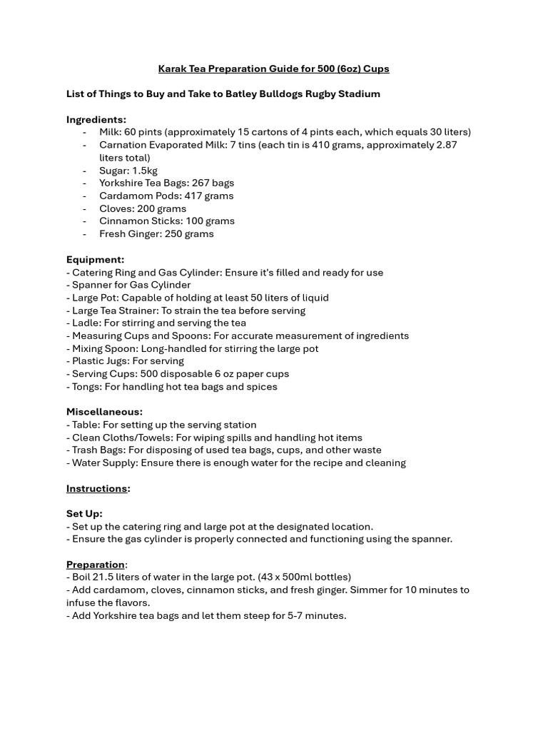Karak Tea Preparation Guide For 500 | PDF | Tea | Foods
