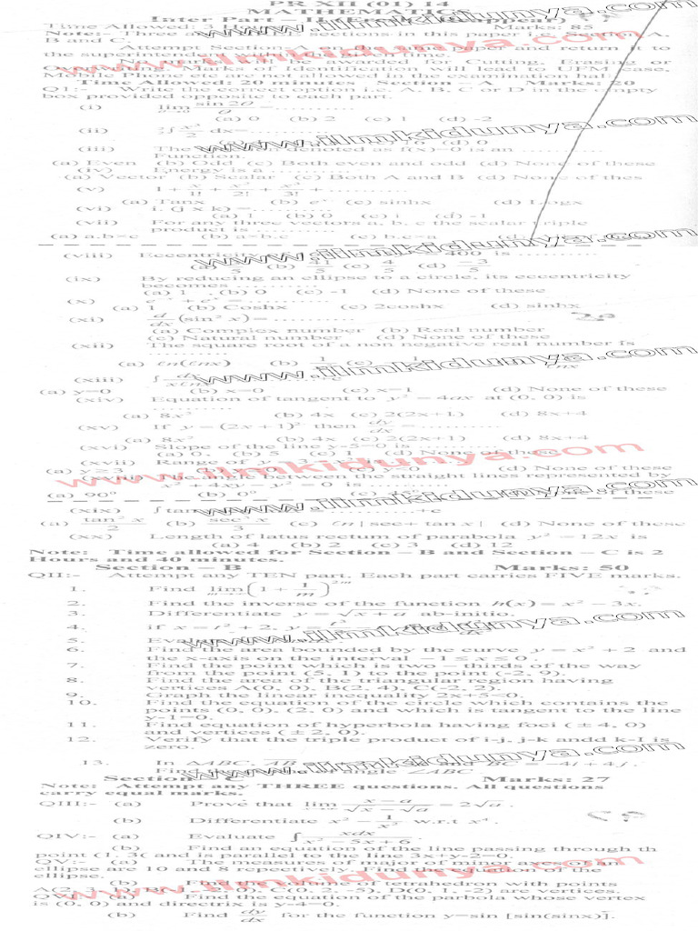 Past Papers 2014 Peshawar Board FSC Part 2 Mathematics English Version ...