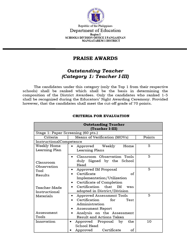 Outstanding Teacher Awards Criteria | PDF | Learning | Teachers