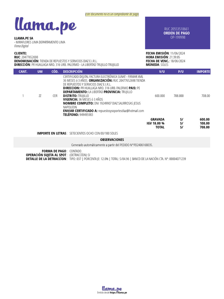 Orden de Pago Certificado Digital SUNAT | PDF | Servicios financieros ...