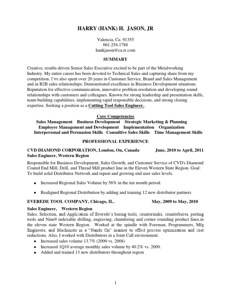 Cutting Tool Sales Engineer in Los Angeles CA Resume Hank Jason PDF
