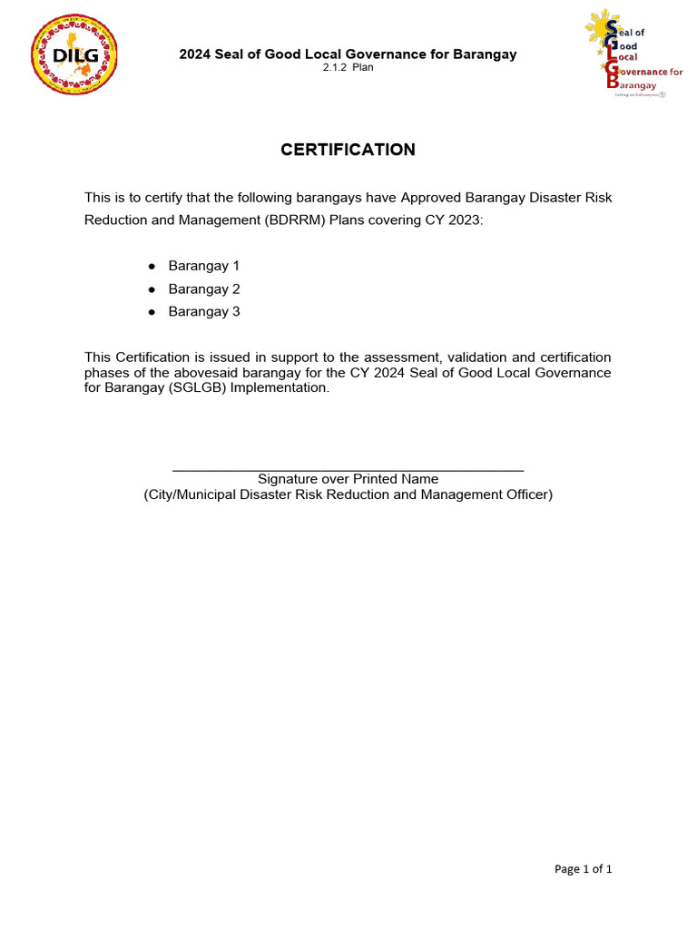 2.1.2 Certification From MDRRMO Re BDRRM Plan | PDF