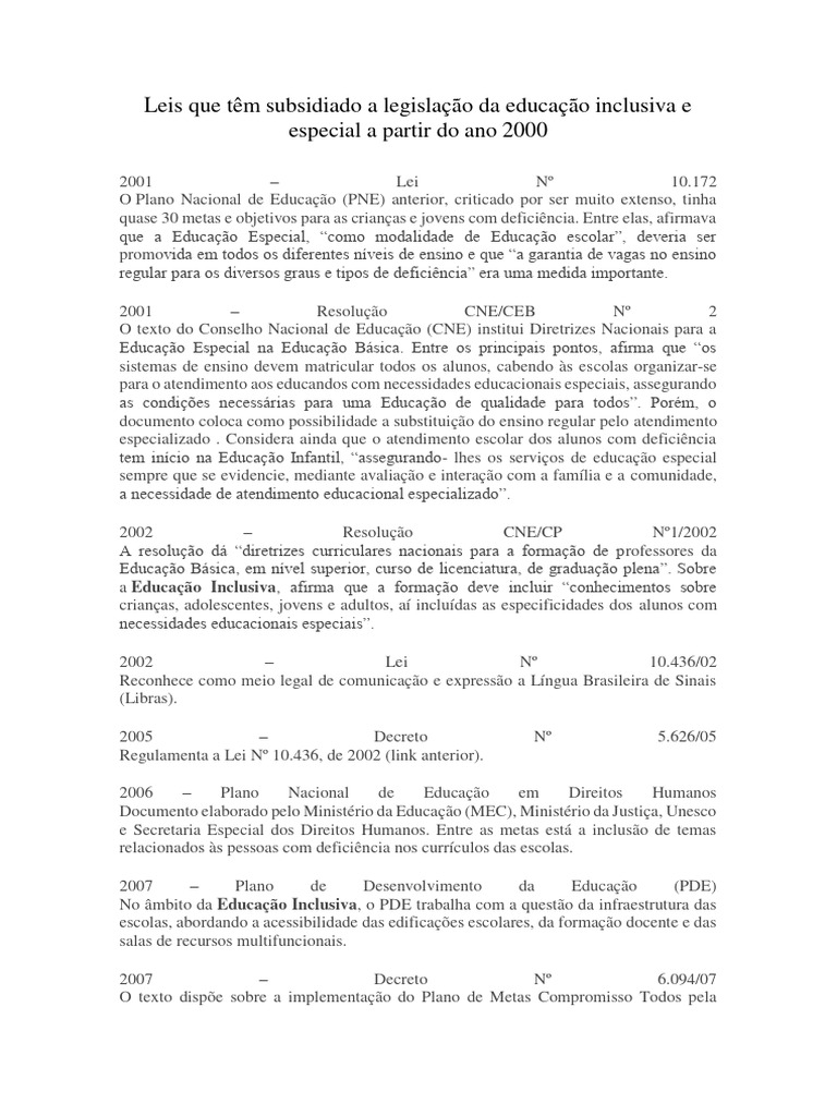 Legislação sobre Inclusão Escolar no Brasil | PDF | Educação Especial ...