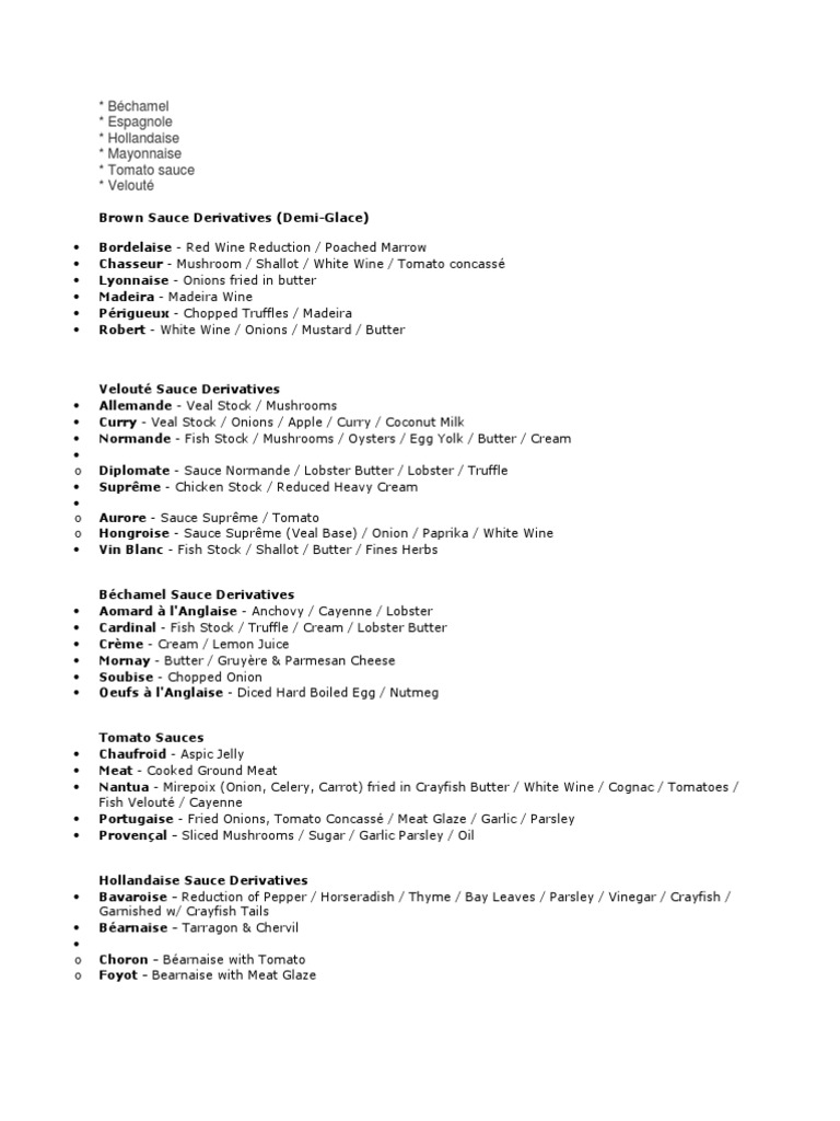 Mother Sauces and Derivatives