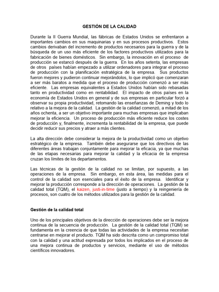 Gestion de Calidad | PDF | Lean Manufacturing | Gestión de la calidad