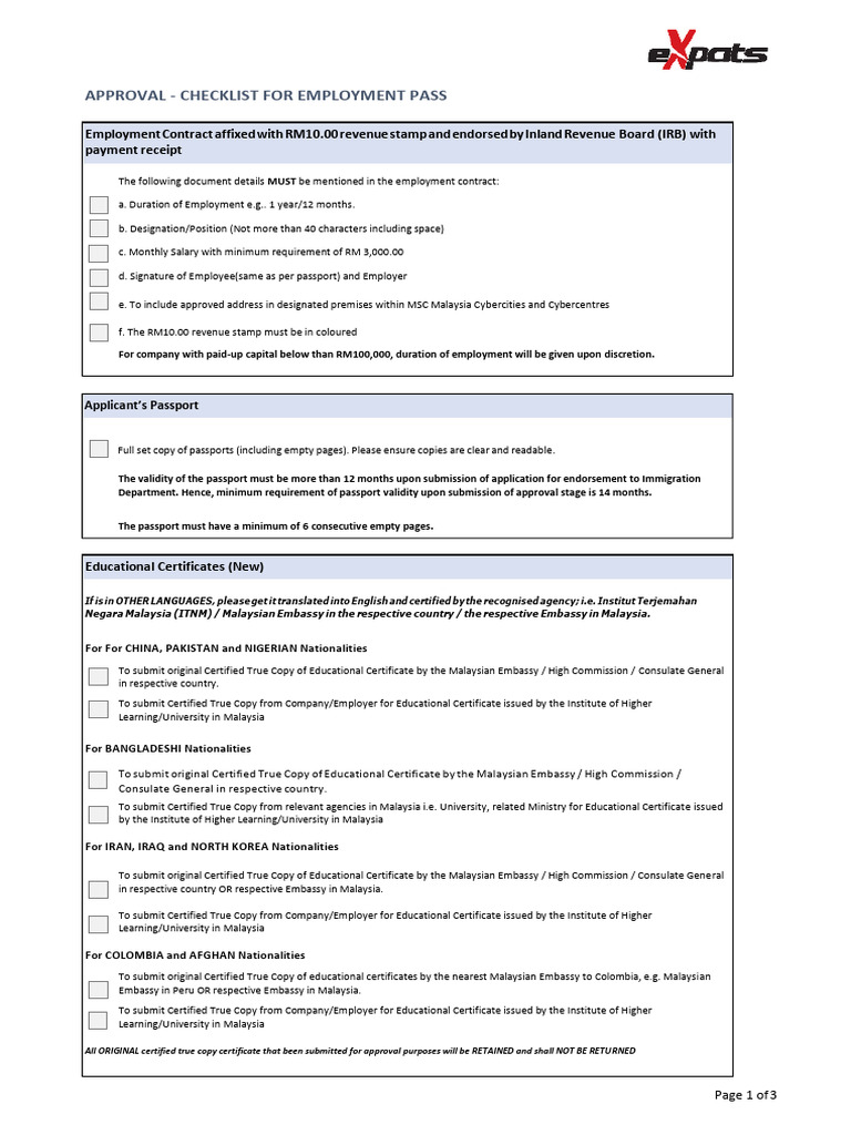 Employment Pass Application Checklist | PDF | Passport