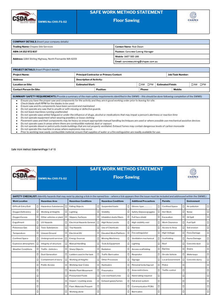 SWMS - Floor Sawing | PDF | Personal Protective Equipment | Gasoline