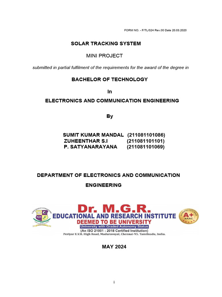 Solar Tracking System Mini Project Report | PDF | Arduino | Resistor