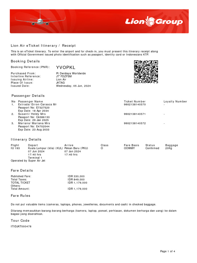 Lion Air ETicket (FDZFSM) - Extrada | PDF