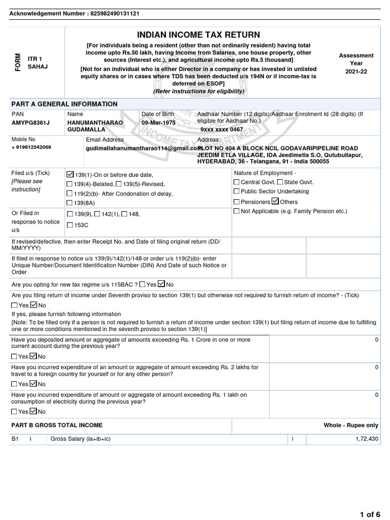 ITR 1 Filing for AY 2021-22 | PDF | Payments | Government Finances