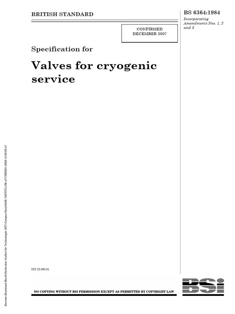 BS 6364:1984 Cryogenic Valve Standards | PDF | Valve | Pipe (Fluid ...