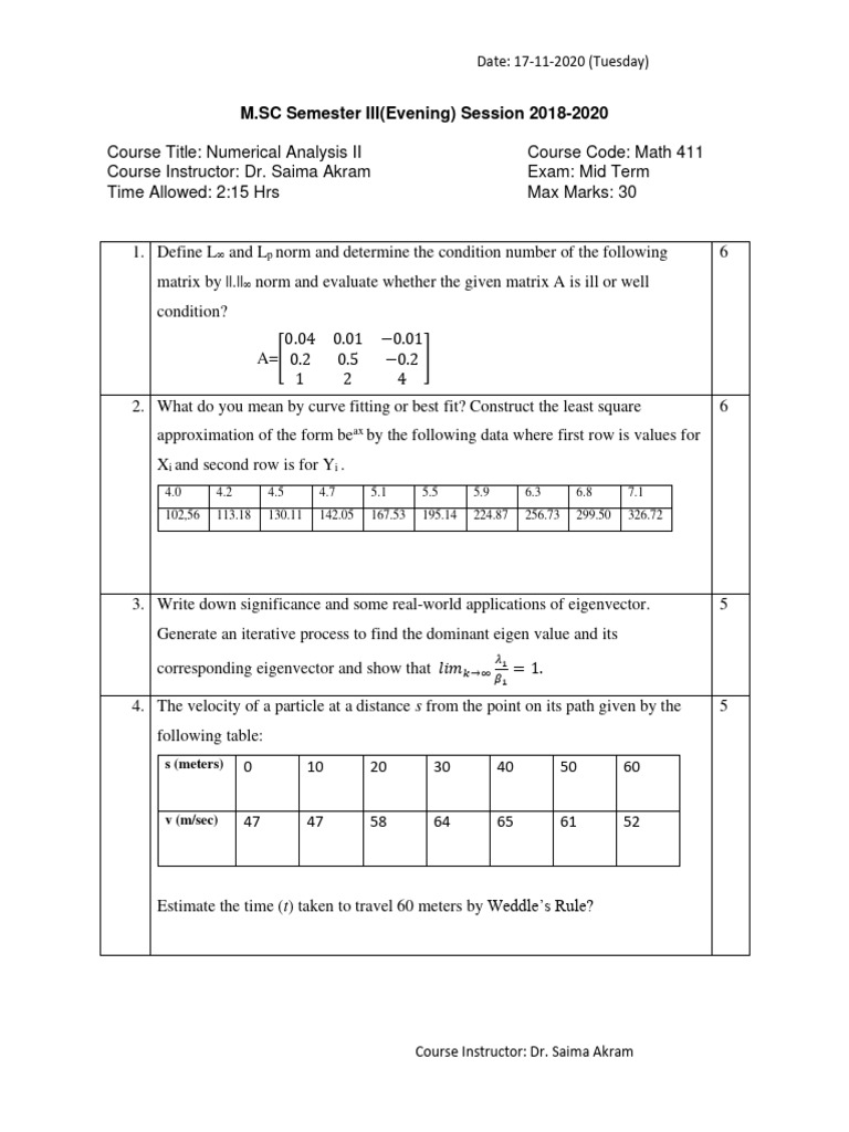 Numerical Analysis II Midterm Exam Guide | PDF | Eigenvalues And ...