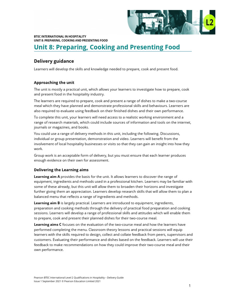 Unit 8 Preparing Cooking and Presenting Food Delivery Guide | Download
