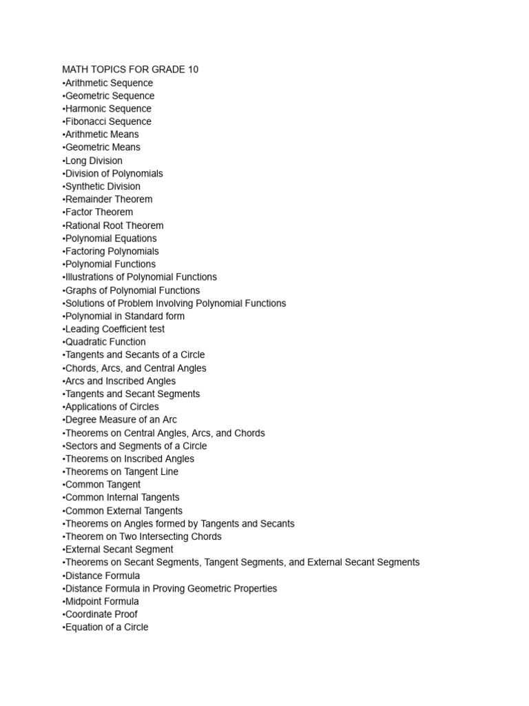 Math topics for grade 10 pdf