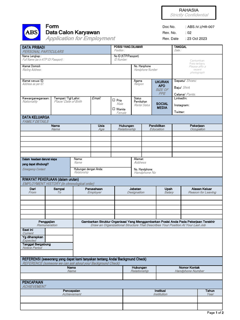 Form - ABS Data Calon Karyawan (Application Form) | PDF