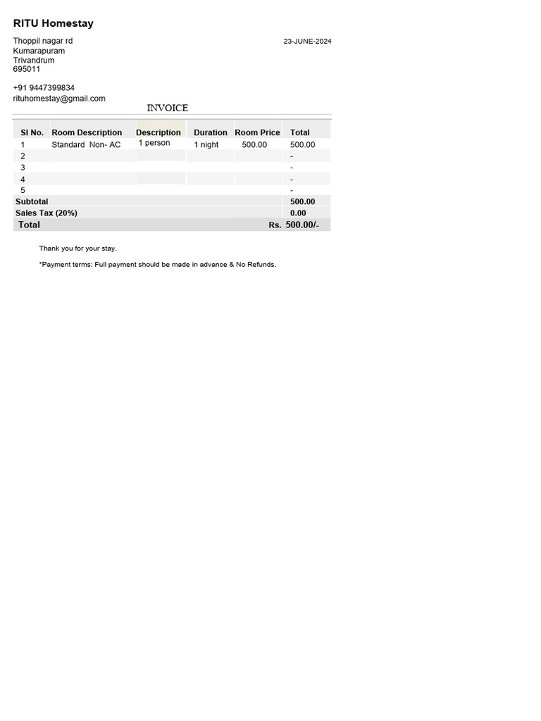 RITU Homestay Invoice for 1 Night Stay | PDF