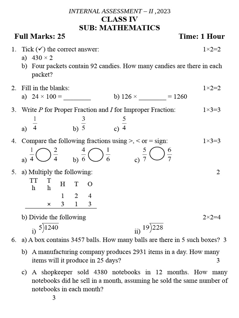 Class Iv Sub: Mathematics Full Marks: 25 Time: 1 Hour | PDF