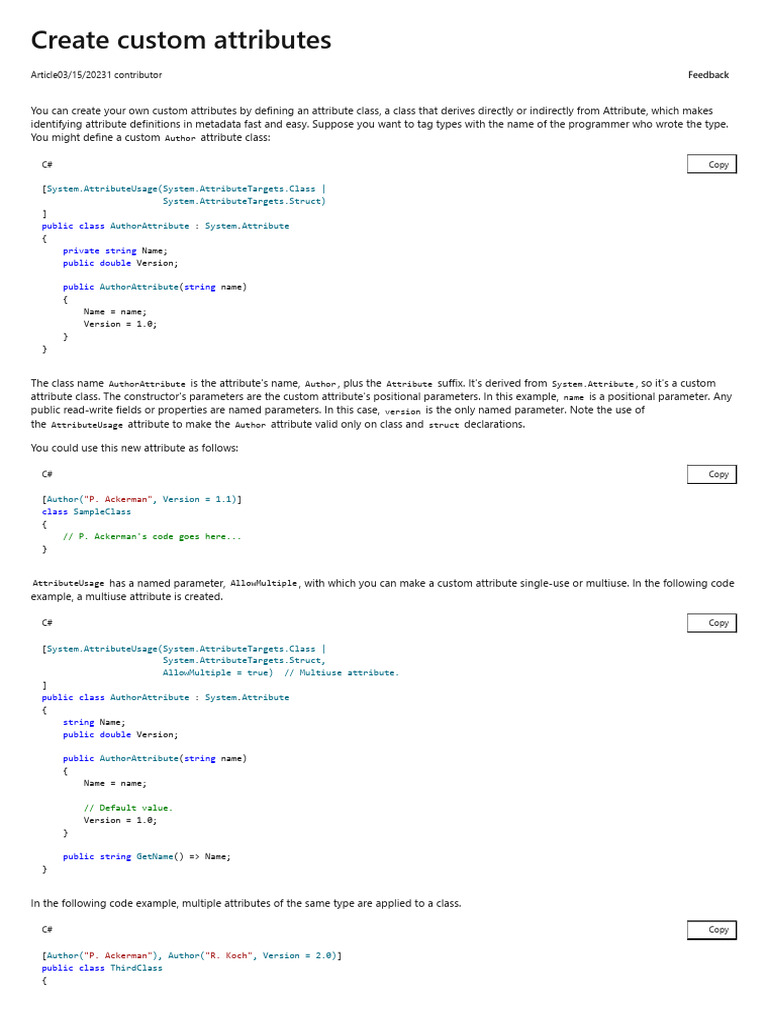 Create Custom Attributes - C# - Microsoft Learn | PDF | Class (Computer ...