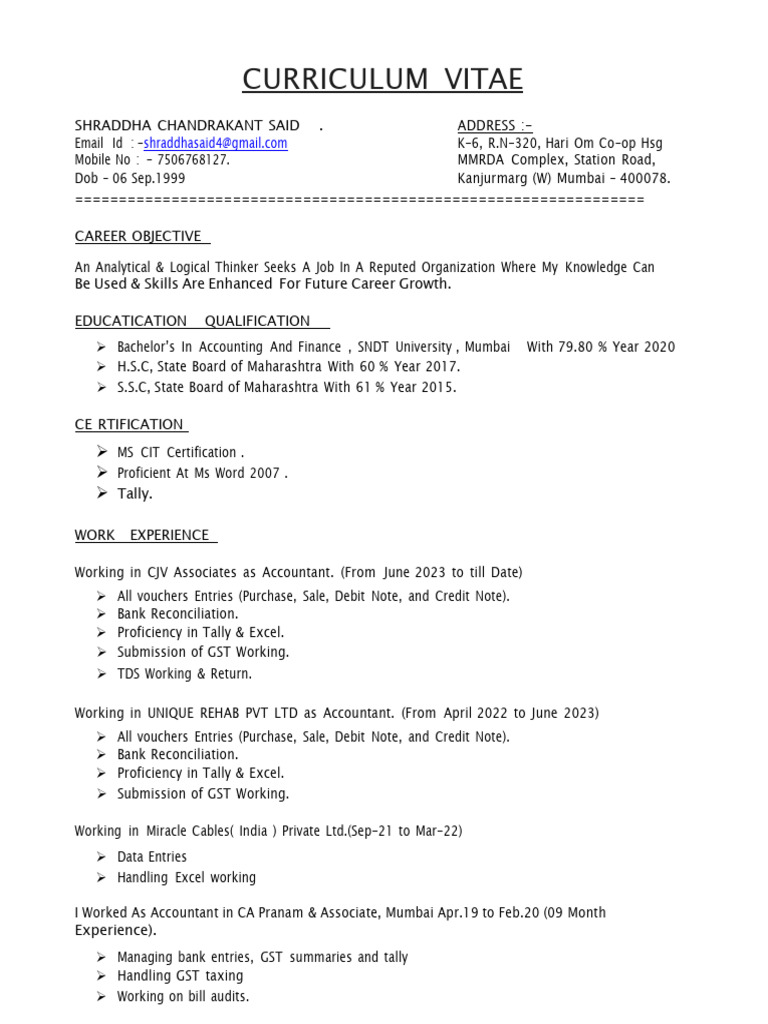 Shraddha said cv update pdf