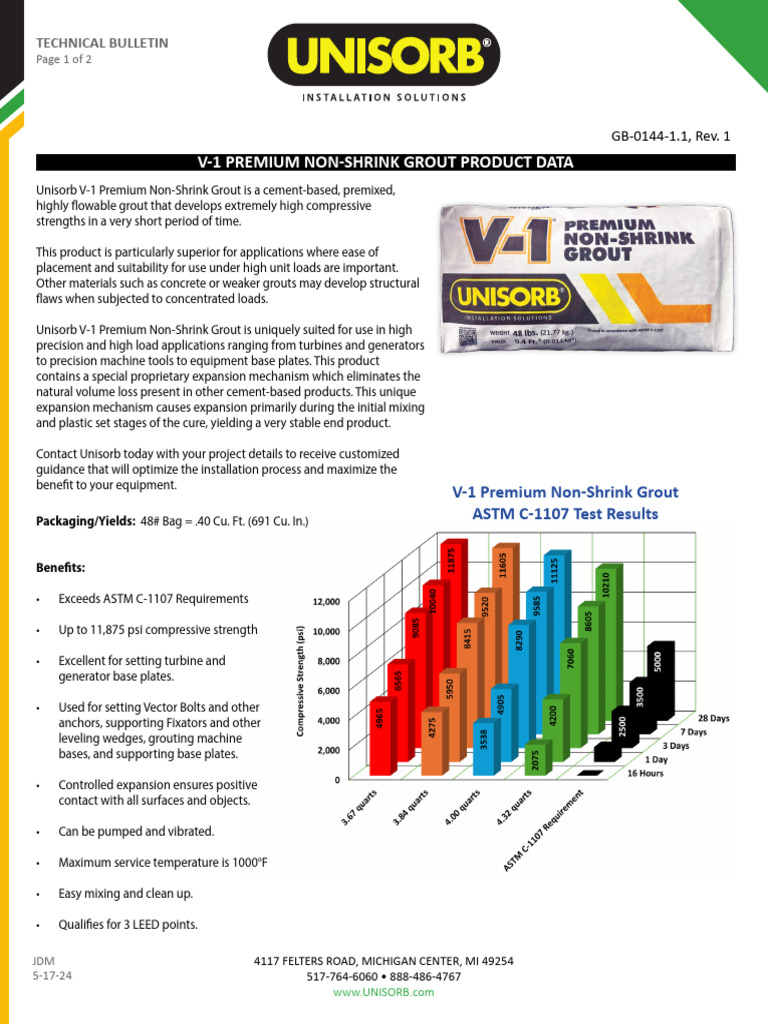 Unisorb V-1 Non-Shrink Grout Data Sheet | PDF | Mechanical Engineering ...